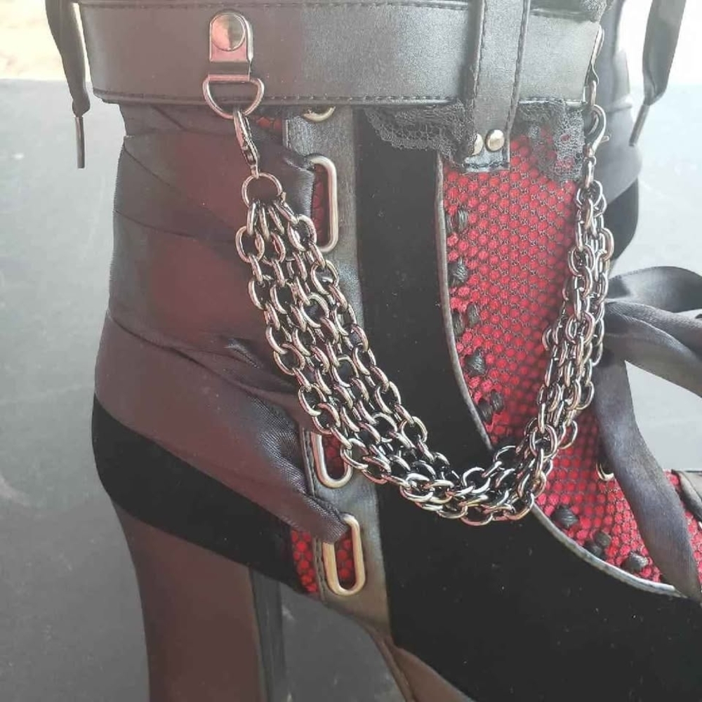 Demonia Red and Black Chain Heeled Boots - Picture 3 of 5